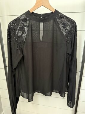 Beaded Black Sheer Long-Sleeve Blouse